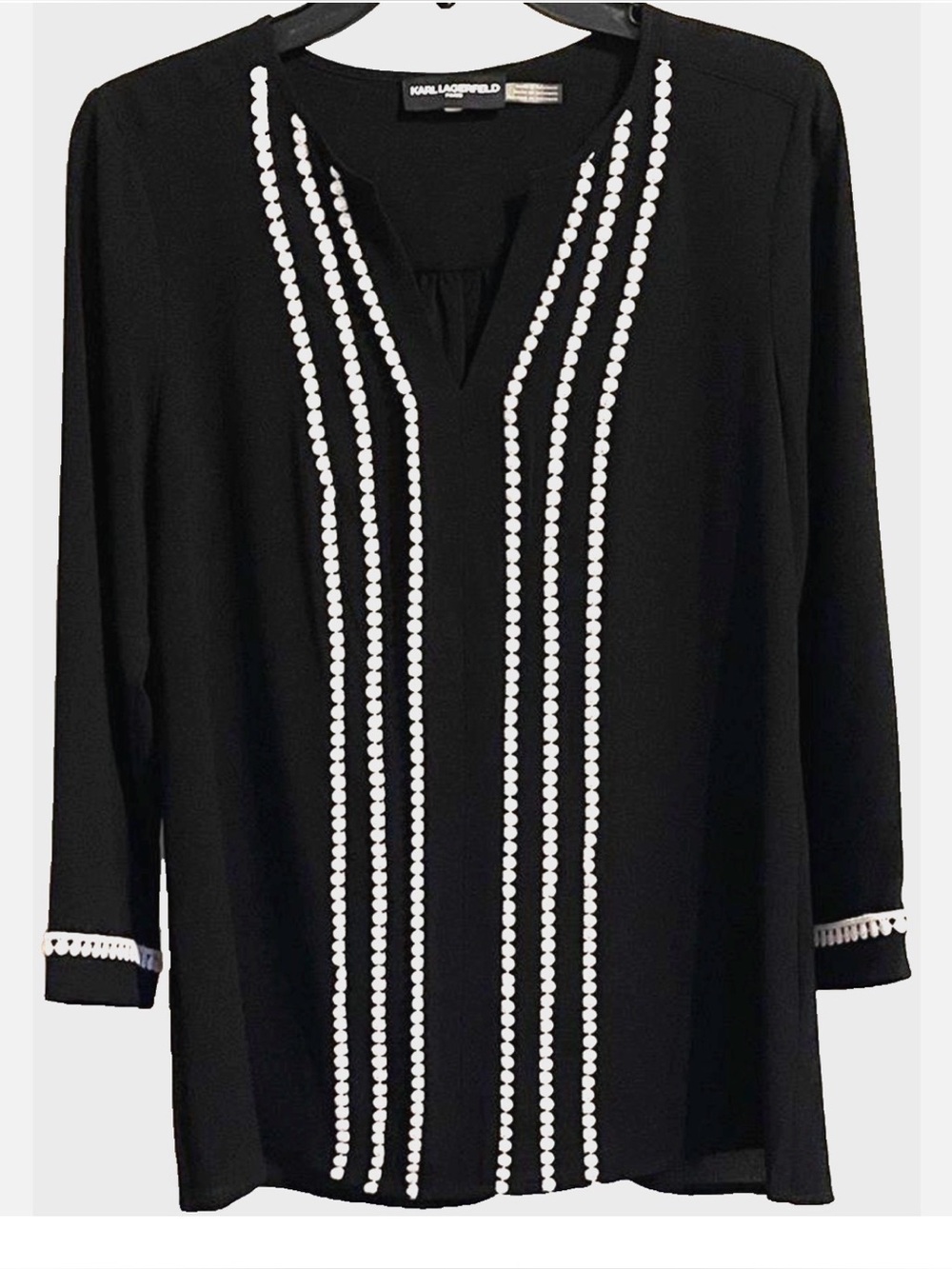 Karl Lagerfeld Paris Tunic Blouse S Black White Embellished Trim Split Neck